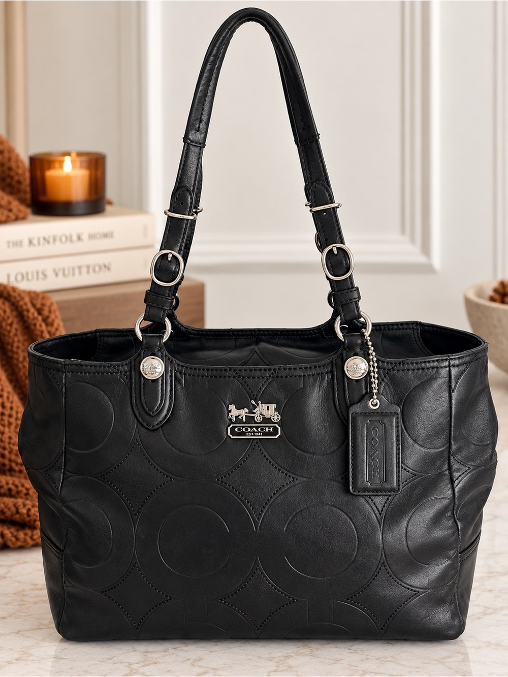 Coach Mia Black Leather Embossed Signature C Tote Shoulder Bag 15731